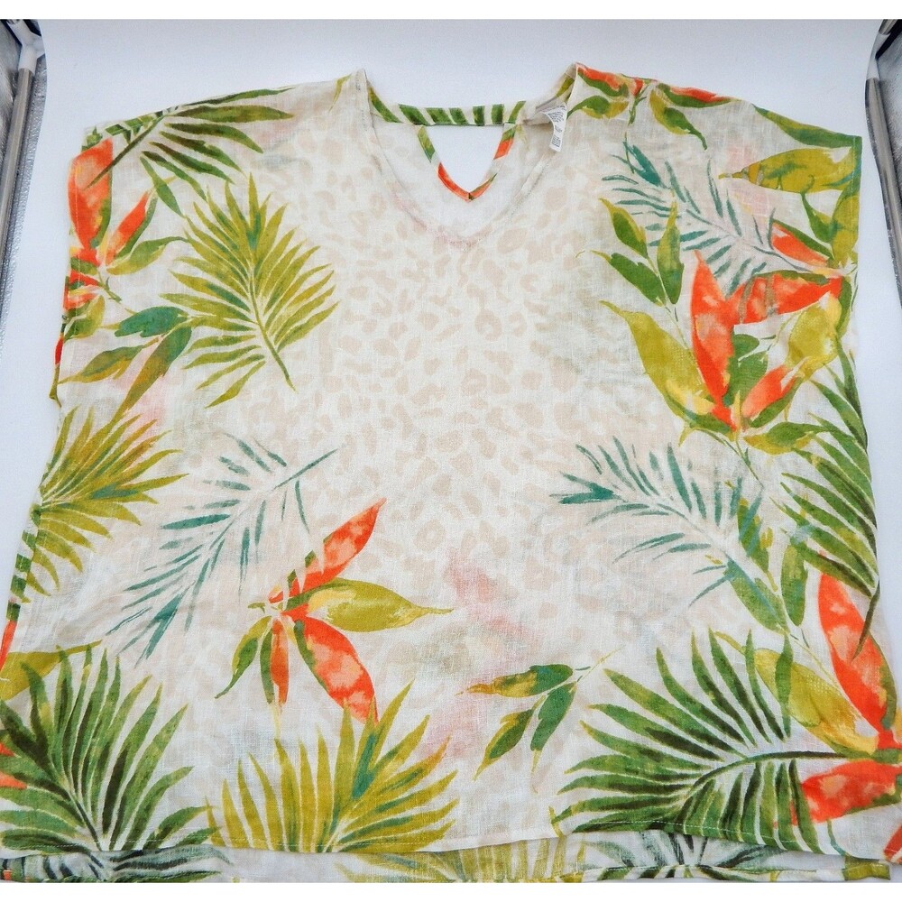 Chicos 100% Linen Orange Green Tropical Print V Neck S/M Poncho Top Sleeveless